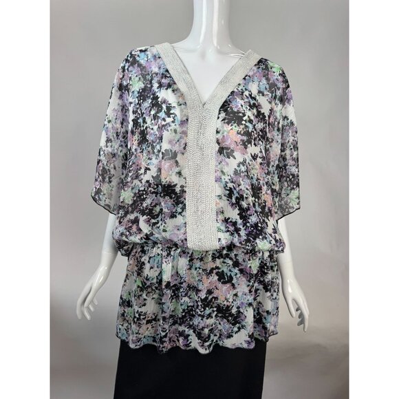 Badgley Mischka Floral Beaded V-Neck Blouson Top Gathered size L 100% Polyester - Picture 1 of 16